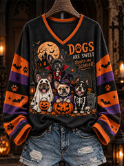 Women's Halloween-Themed Dog Pattern Casual V-Neck T-Shirt