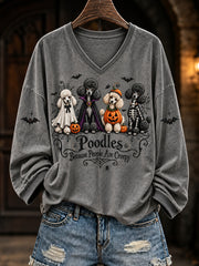 Women's Halloween-Themed Dog Pattern Casual V-Neck T-Shirt