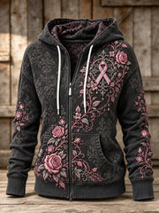 Women's Gothic Floral Pink Ribbon Print Casual Zip-Up Hoodie