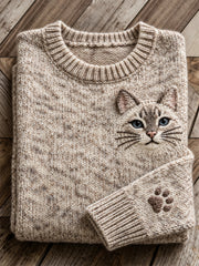 Women's Lovely Mackerel Tabby Cat Face & Paw Print crew neck sweater