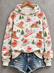 Women's Lovely Skiing Dogs Print Comfy Hooded Sweatshirt