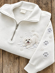 Women's Snowy Winter Maltese Dog In the Snow Print Zip Up Sweatshirt
