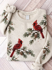 Women's Snowy Winter Red Cardinal Birds on Braches Print Sweatshirt