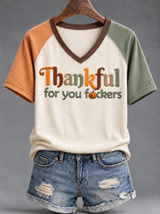Women's Fun Thanksgiving Print V-neck T-shirt