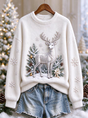 Women's White Christmas Reindeer Print Cozy Flannel Sweatshirt