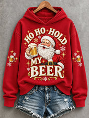 Women's Funny Christmas Santa Claus Drink Beer Print Casual Hoodie
