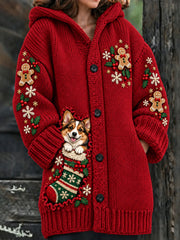 Women's Christmas Funny Dog Art Print Composite Fleece Long Coat