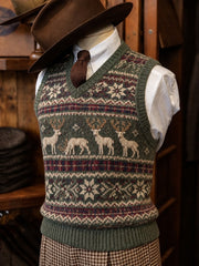 Men's Vintage Christmas Reindeer Plaid Fair Isle Pattern Print Cozy Vest
