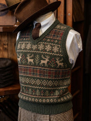 Men's Vintage Christmas Reindeer Plaid Fair Isle Pattern Print Cozy Vest