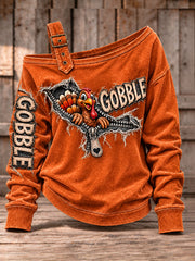 Women's Cute Thanksgiving Turkey Face Art Casual Off-Shoulder Sweatshirt