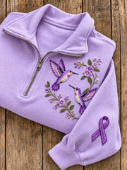 Women's Beaded Floral Hummingbirds & Purple Ribbon Pattern Casual Half-Zip Sweatshirt