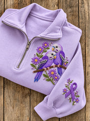 Women's Beaded Floral Budgie & Purple Ribbon Pattern Casual Half-Zip Sweatshirt