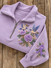 Women's Beaded Floral Birds & Purple Ribbon Pattern Casual Half-Zip Sweatshirt