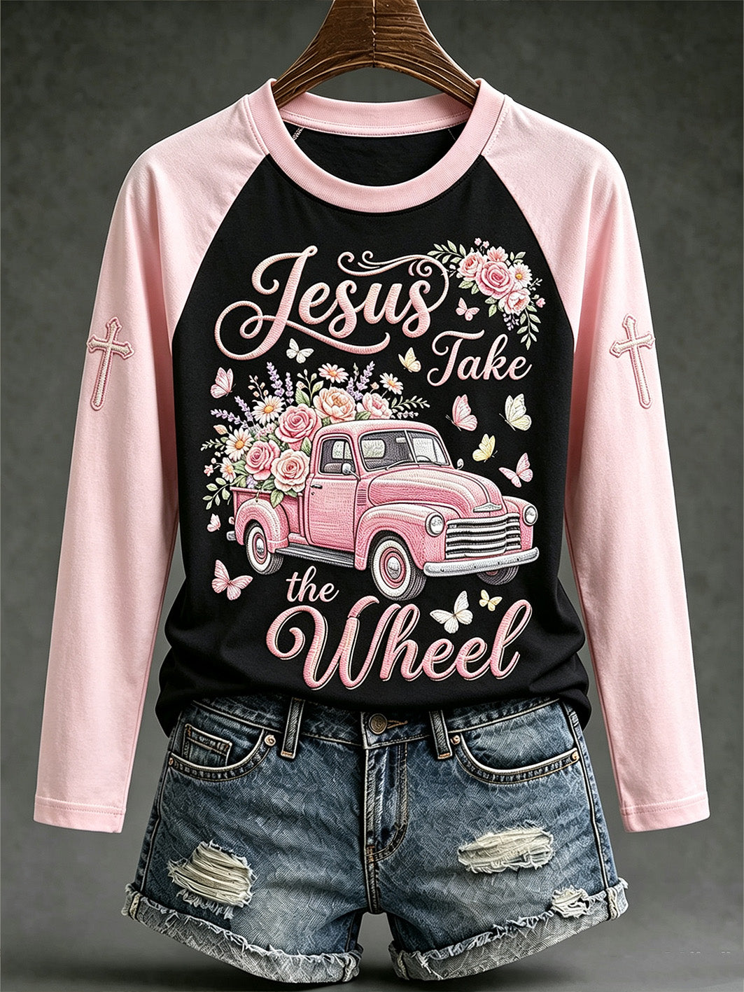 Women's faith-themed fun slogan pattern printed casual long-sleeved T-shirt