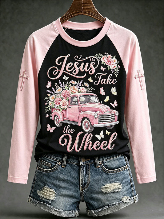 Women's faith-themed fun slogan pattern printed casual long-sleeved T-shirt