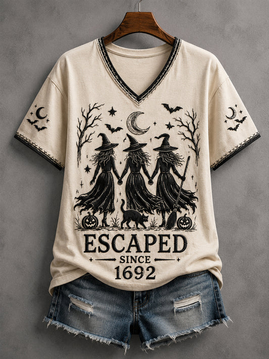 Women's Funny Halloween Escaped Since 1692 Witches Print Casual V-Neck Tee