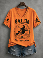 Women's Funny Halloween Salem 1692 They Missed One Witch Print Casual V-Neck Tee