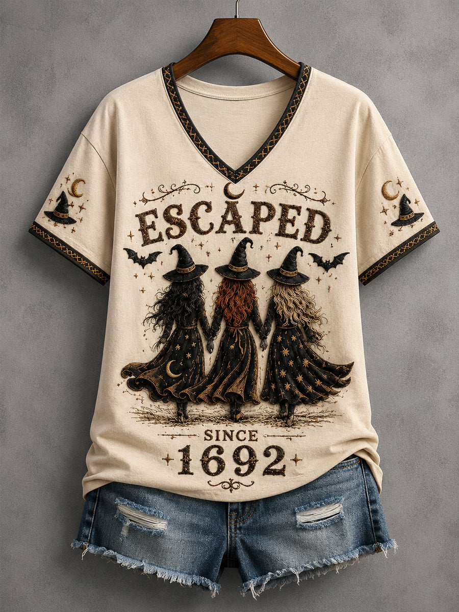 Women's Funny Halloween Escaped Since 1692 Witches Print Casual V-Neck Tee