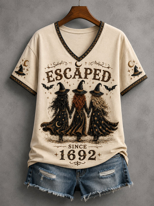 Women's Funny Halloween Escaped Since 1692 Witches Print Casual V-Neck Tee