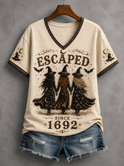 Women's Funny Halloween Escaped Since 1692 Witches Print Casual V-Neck Tee