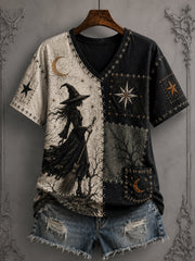 Women's Halloween Patchwork Witch Print Casual V-Neck Tee