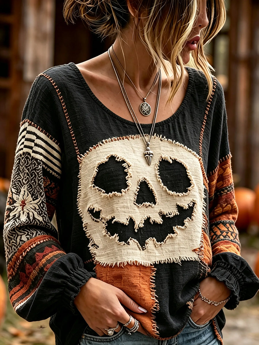 Women's Retro Halloween Spooky Face Color Block Print Cotton-Linen Shirt