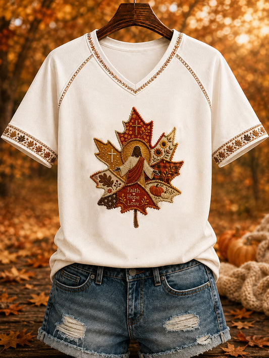 Women's Autumn Art "JESUS" Printed V-neck T-shirt