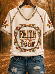 Women's Autumn Art "FAITH over fear" Printed V-neck T-shirt