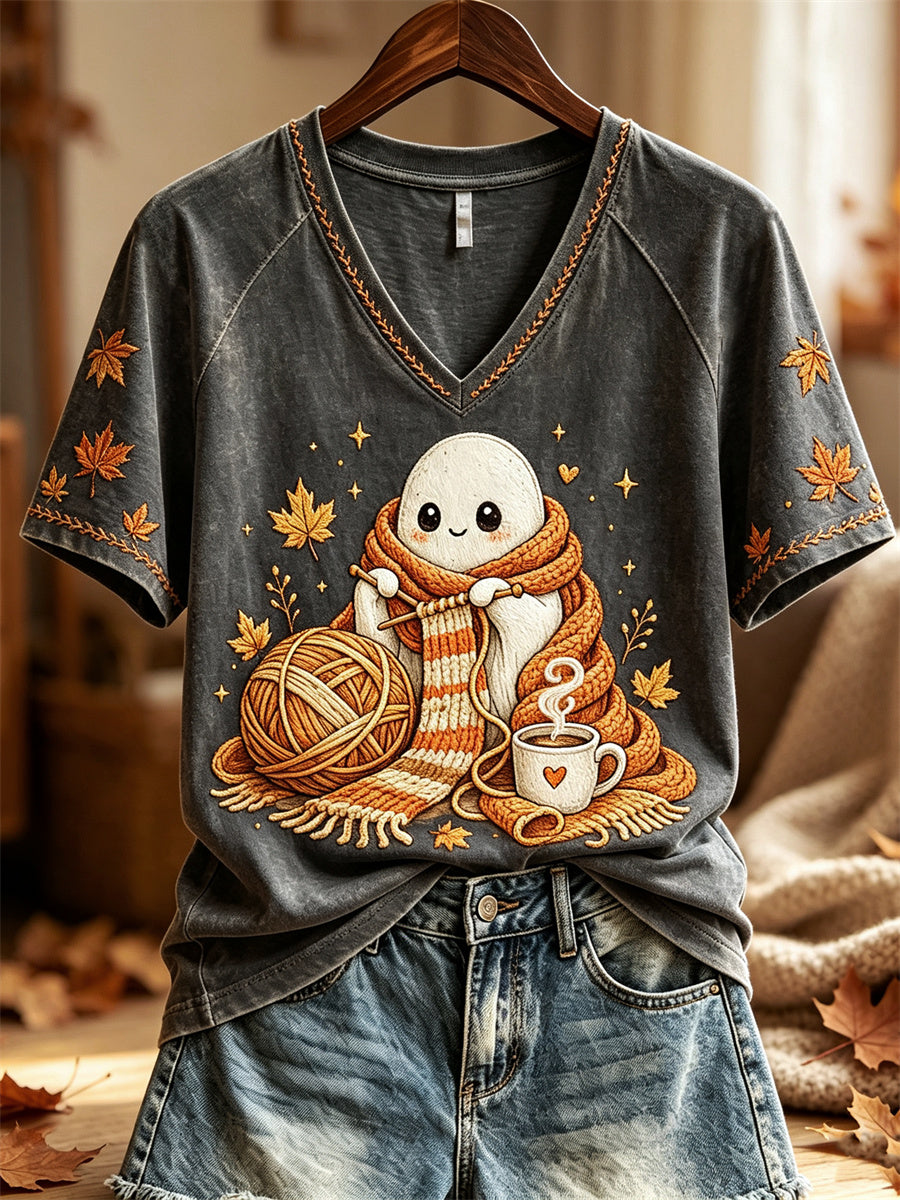 Women's Fall Knitting Ghost Cozy Art Print short-sleeved T-shirt