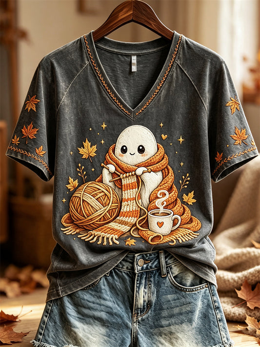 Women's Fall Knitting Ghost Cozy Art Print short-sleeved T-shirt