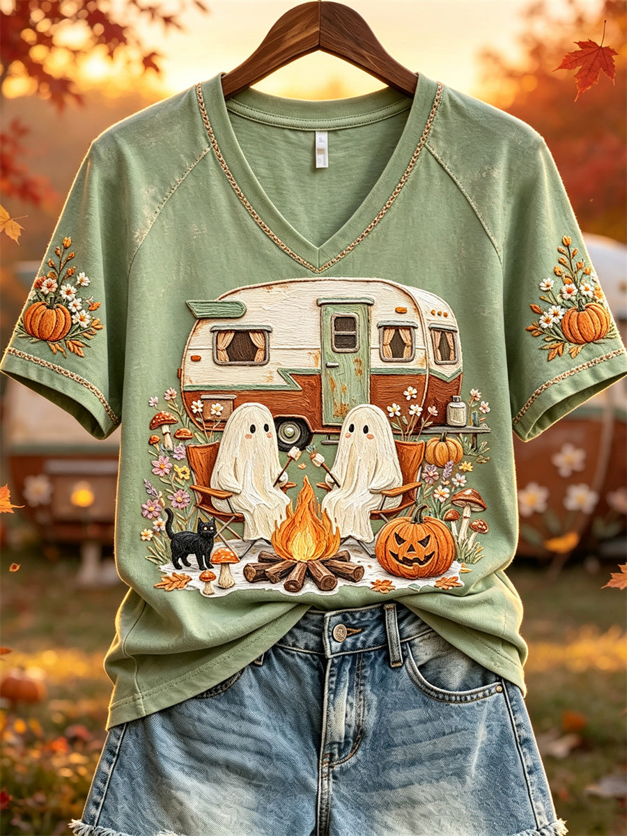 Women's Halloween Ghosts Fall Camping Floral Print short-sleeved T-shirt