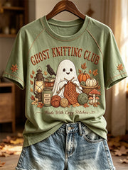 Women's Ghost Knitting Club Cozy Fall Ghost Print short sleeve T-shirt