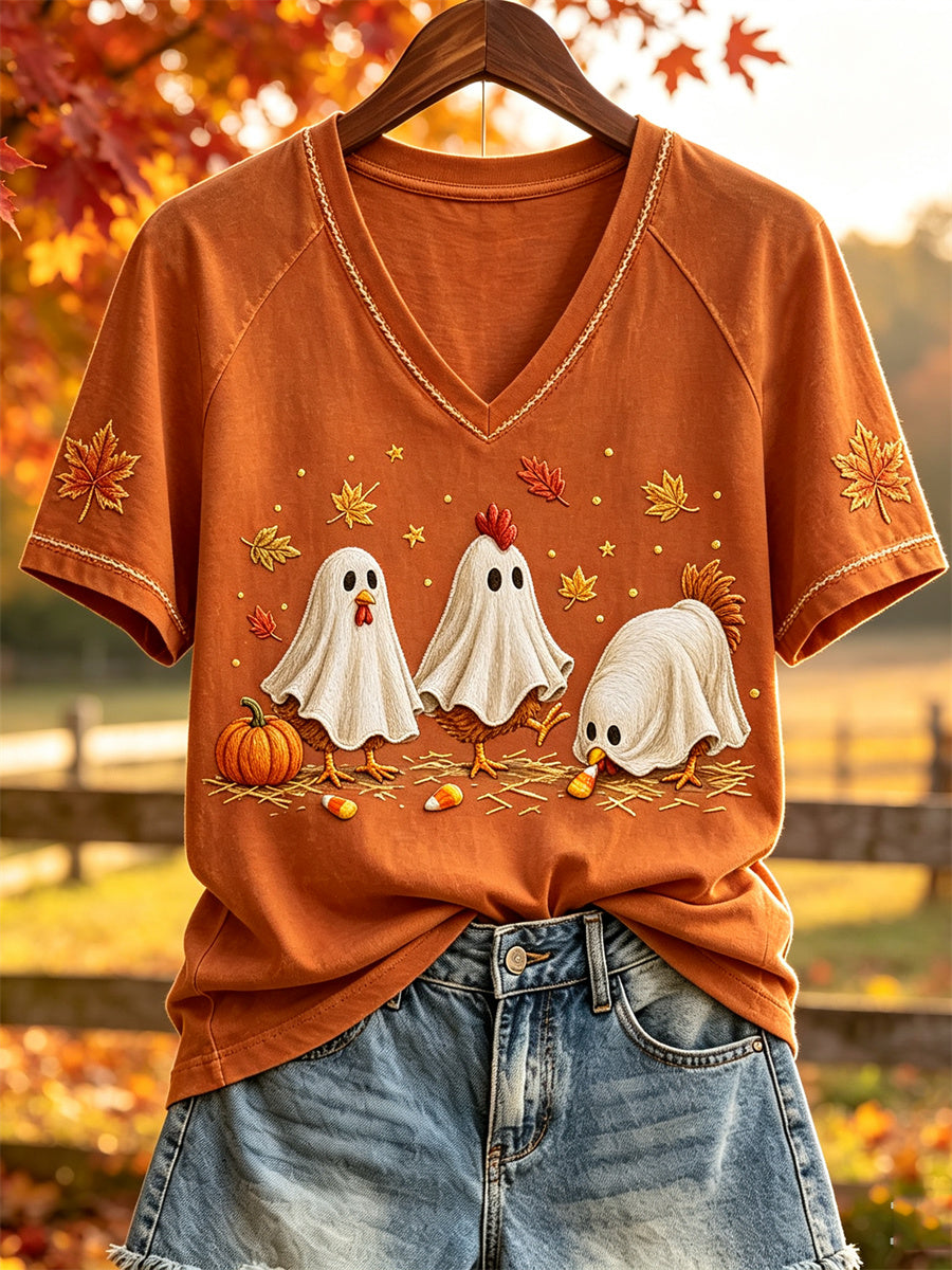 Women's Fall Farm Chicken Ghosts Pumpkins & Leaves Print short-sleeved T-shirt
