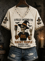 Women's Funny Halloween Skull Witch Print Casual V-Neck Tee