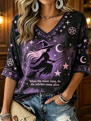 Women's Halloween Witch Element Pattern Printed Casual Mid-length Sleeves V-Neck T-Shirt