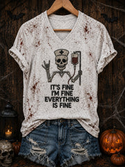 Women's Halloween “i’m fine” Printed V-neck T-shirt