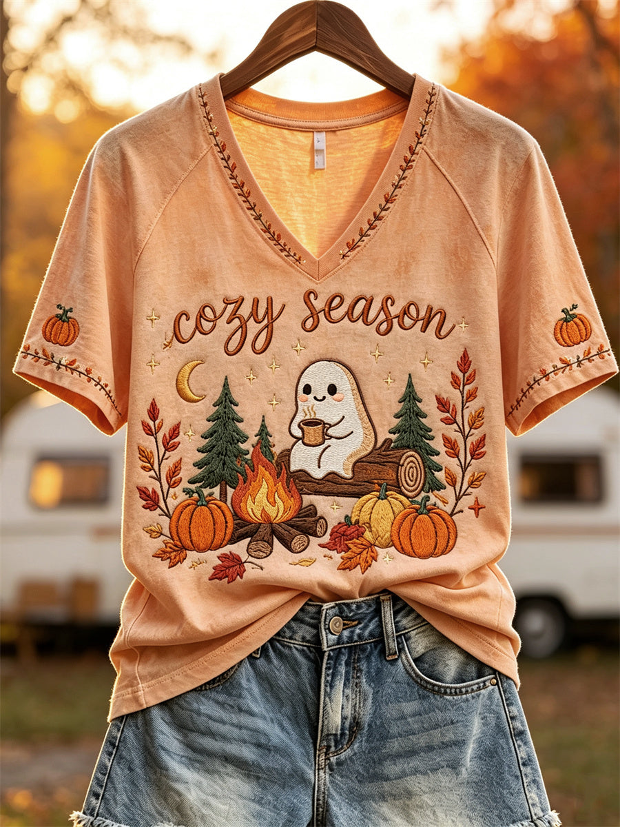 Women's Cozy Season Ghost Fall Camping Print short sleeve T-shirt