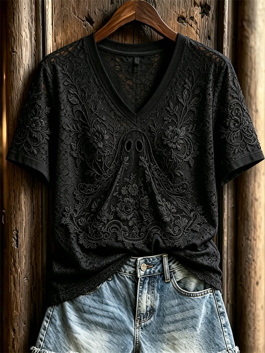 Women's Vintage Gothic Ghost Floral Lace Art Print short-sleeved T-shirt