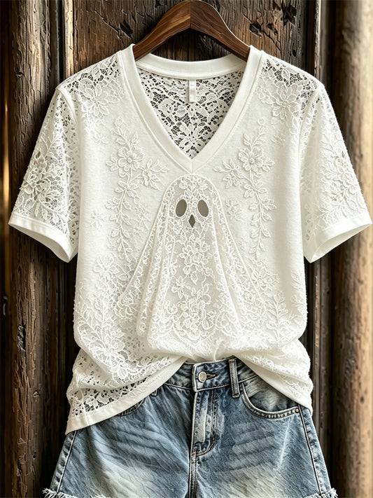 Women's Vintage Gothic Ghost Floral Lace Art Print short-sleeved T-shirt