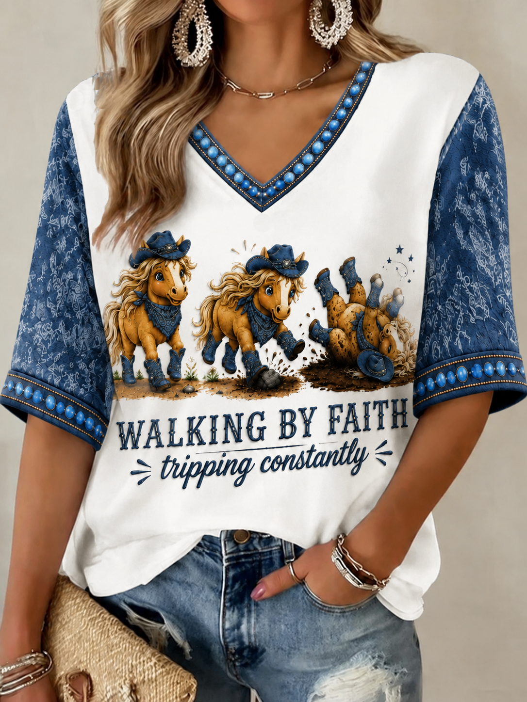Women's Walking By Faith Tripping Constantly Mid-length Sleeves V-Neck T-Shirt