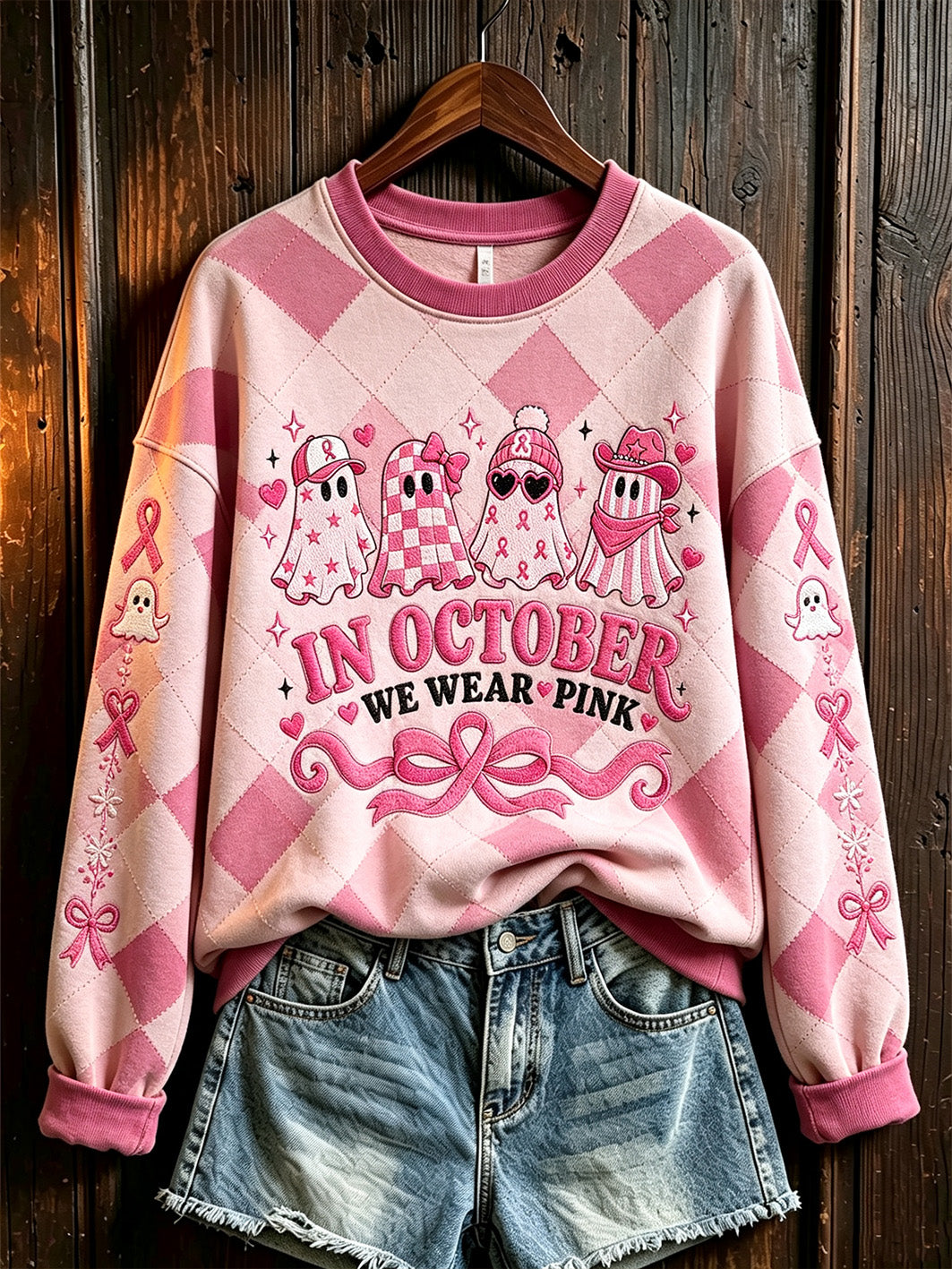Women's Breast Cancer Theme Halloween Elements Pattern Printed Casual  Sweatshirt
