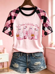 Women's Breast Cancer Theme Halloween Elements Pattern Printed Casual Short Sleeve T-Shirt