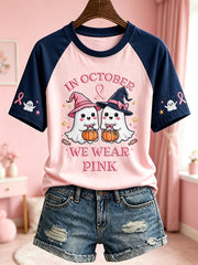 Women's Breast Cancer Theme Halloween Elements Pattern Printed Casual Short Sleeve T-Shirt