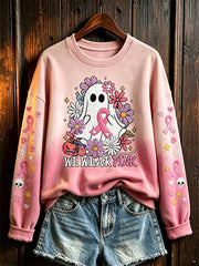 Women's Breast Cancer Theme Halloween Elements Pattern Printed Casual Sweatshirt