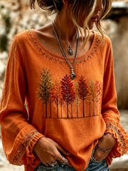 Women's Fall Trees Fall Leaves Printed Cotton-Linen Shirt