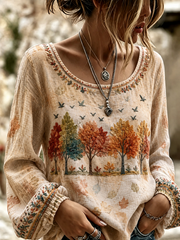 Women's Fall Trees Fall Leaves Printed Cotton-Linen Shirt