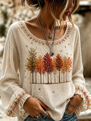 Women's Fall Trees Fall Leaves Printed Cotton-Linen Shirt