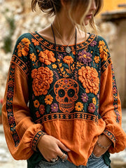 Women's Day of the Dead Sugar Skull Mexican Marigolds Floral Print Cotton-Linen Shirt