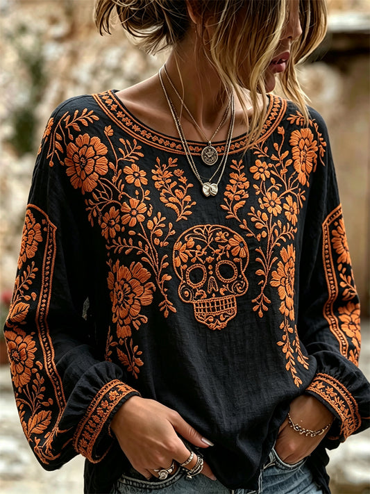 Women's Day of the Dead Sugar Skull Mexican Marigolds Floral Print Cotton-Linen Shirt