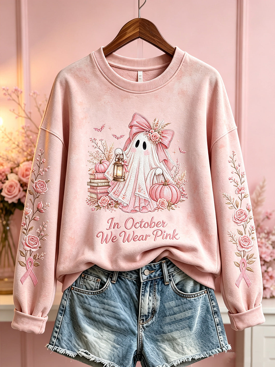 Breast Cancer Theme Halloween Elements Pattern Printed Casual Sweatshirt